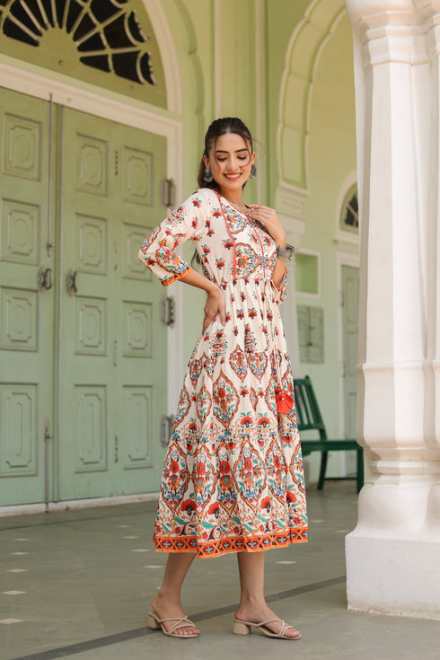 White Printed Fit & Flare Ethnic Dress